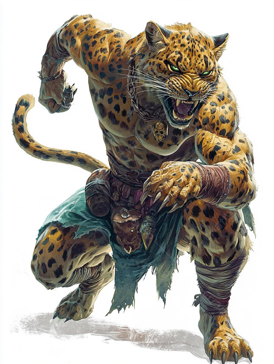 Leopardo homem fera musculoso rosnando com olhos verdes vibrantes