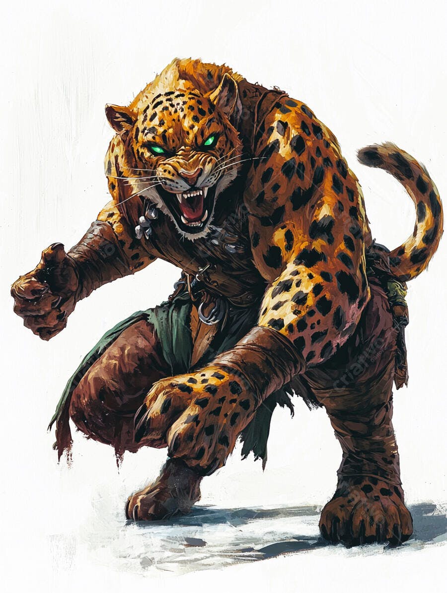 Guerreiro jaguar musculoso com olhos verdes brilhantes rosnando