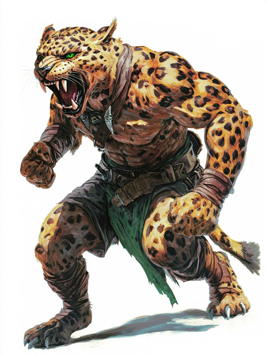 Homem leopardo guerreiro com olhos verdes brilhantes e presas afiadas em postura agressiva