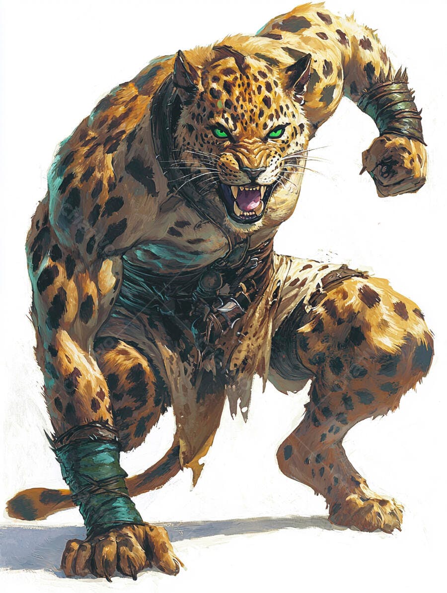 Jaguar humanóide feroz de olhos verdes brilhantes e pele manchada em pose de ataque