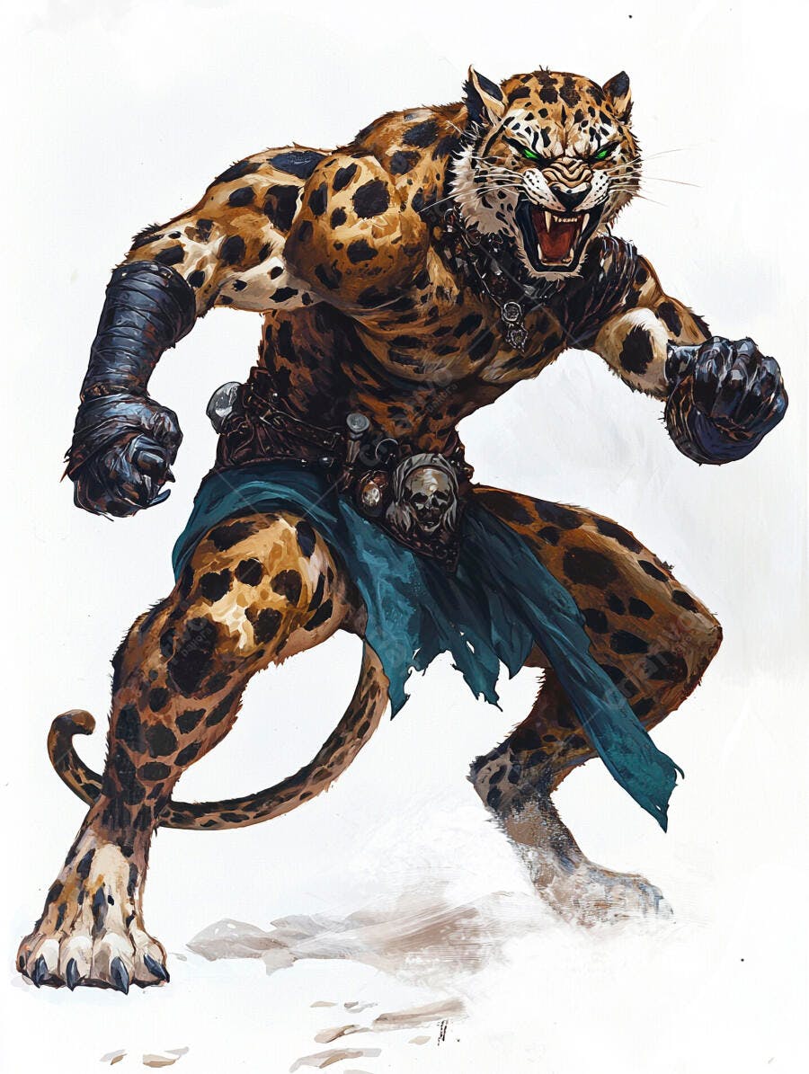 Criatura guerreiro jaguar musculoso rosnando com olhos verdes em fundo branco