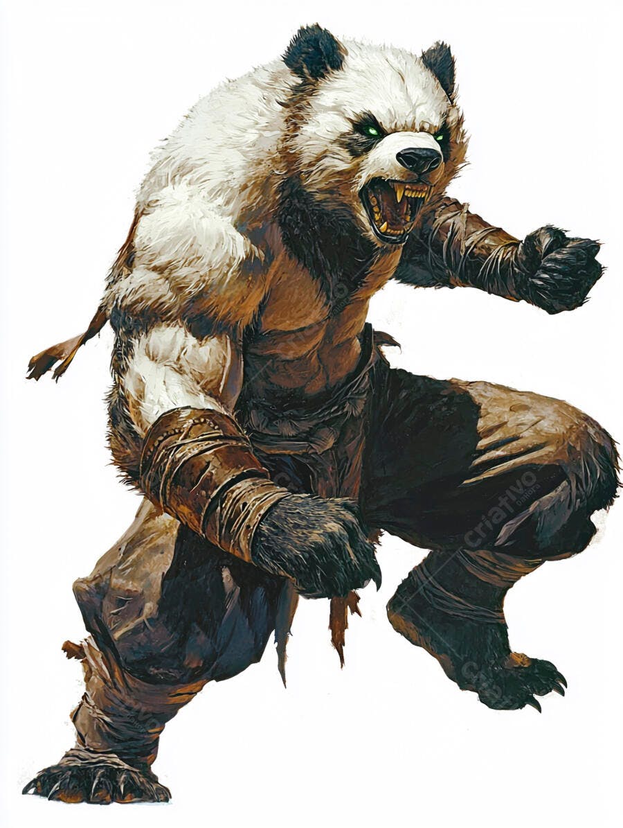 Panda guerreiro furioso com olhos verdes brilhantes e presas afiadas
