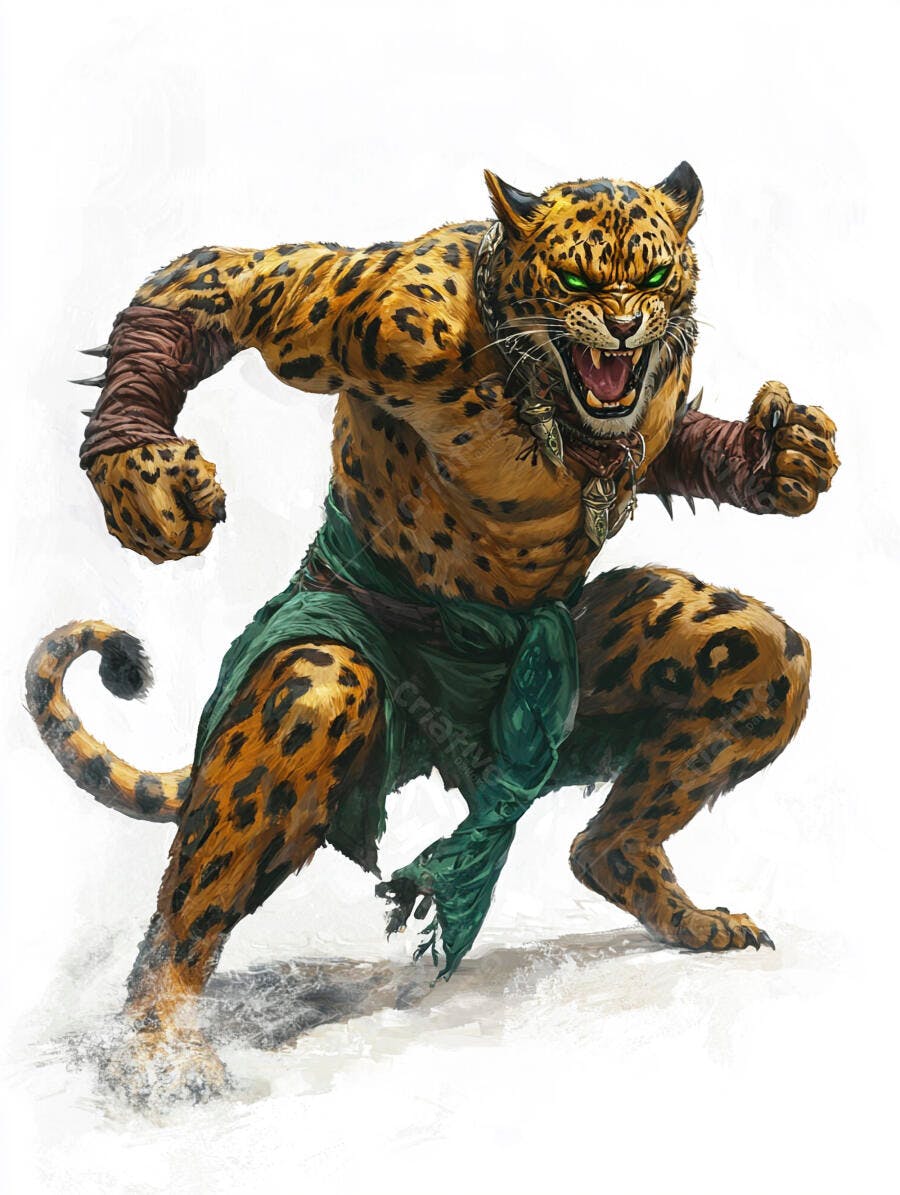 Homem leopardo guerreiro pele manchada olhos verdes furiosos
