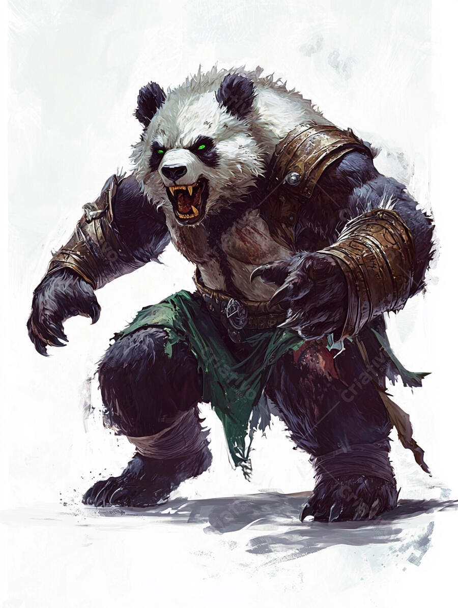 Panda guerreiro musculoso com olhos verdes brilhantes e armadura em pose de ataque