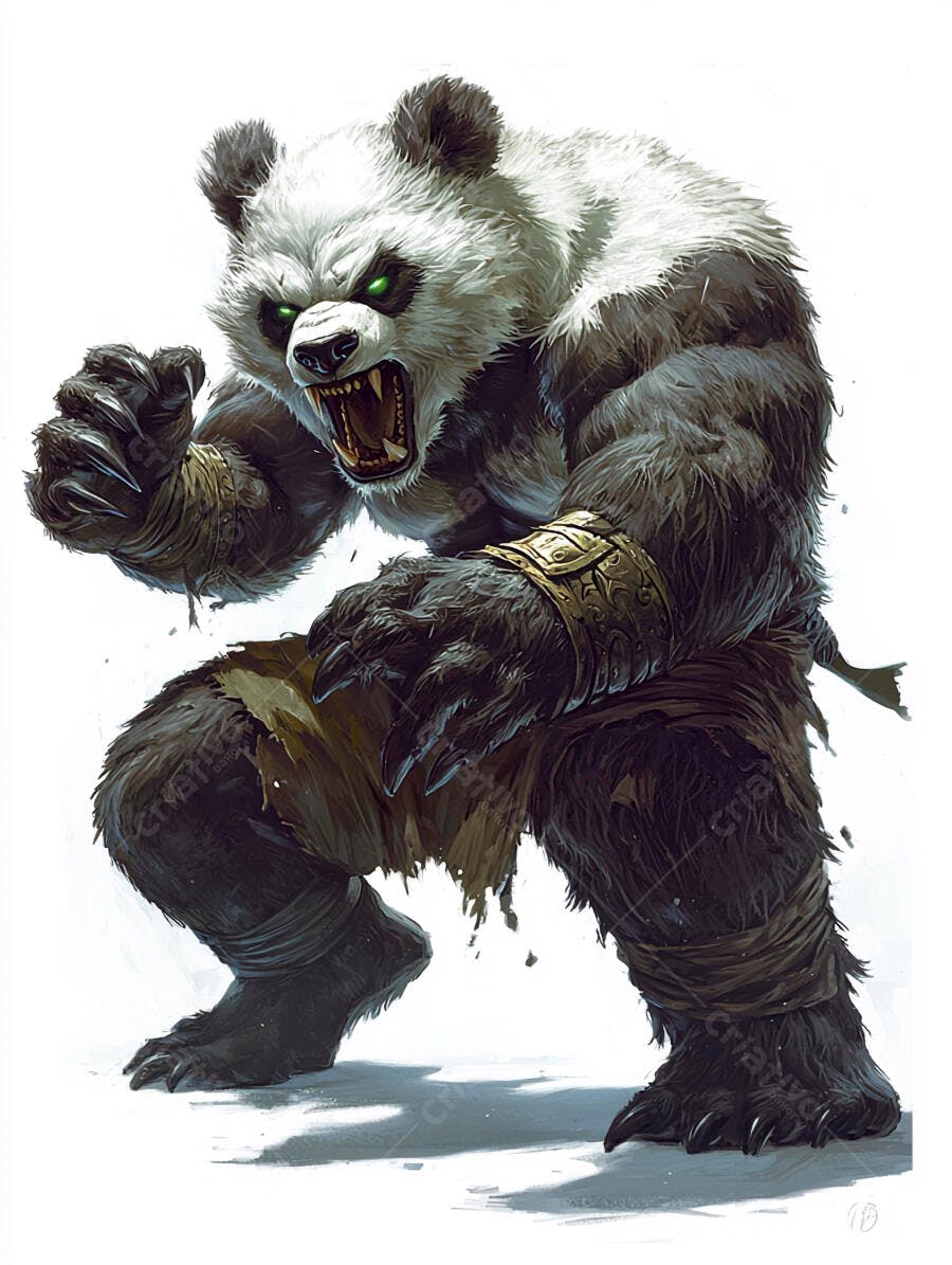 Panda guerreiro musculoso rugindo com olhos verdes brilhantes em fundo branco
