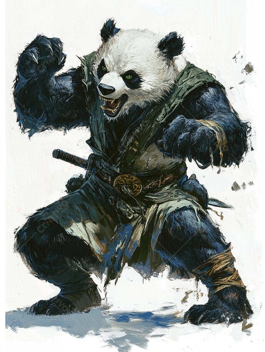 Panda guerreiro com olhos verdes em postura de ataque e roupa samurai rasgada