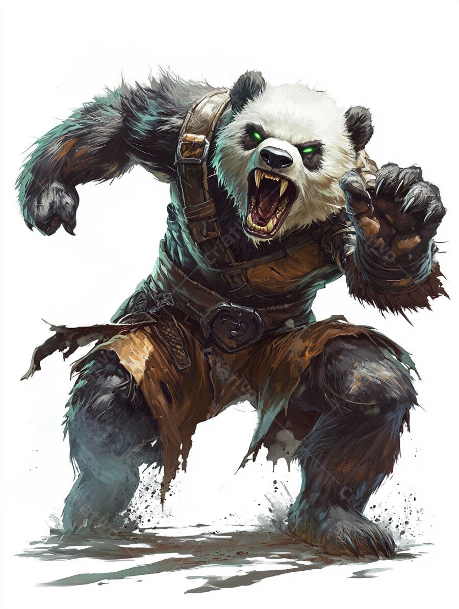Panda guerreiro furioso com olhos verdes brilhantes atacando em postura de combate