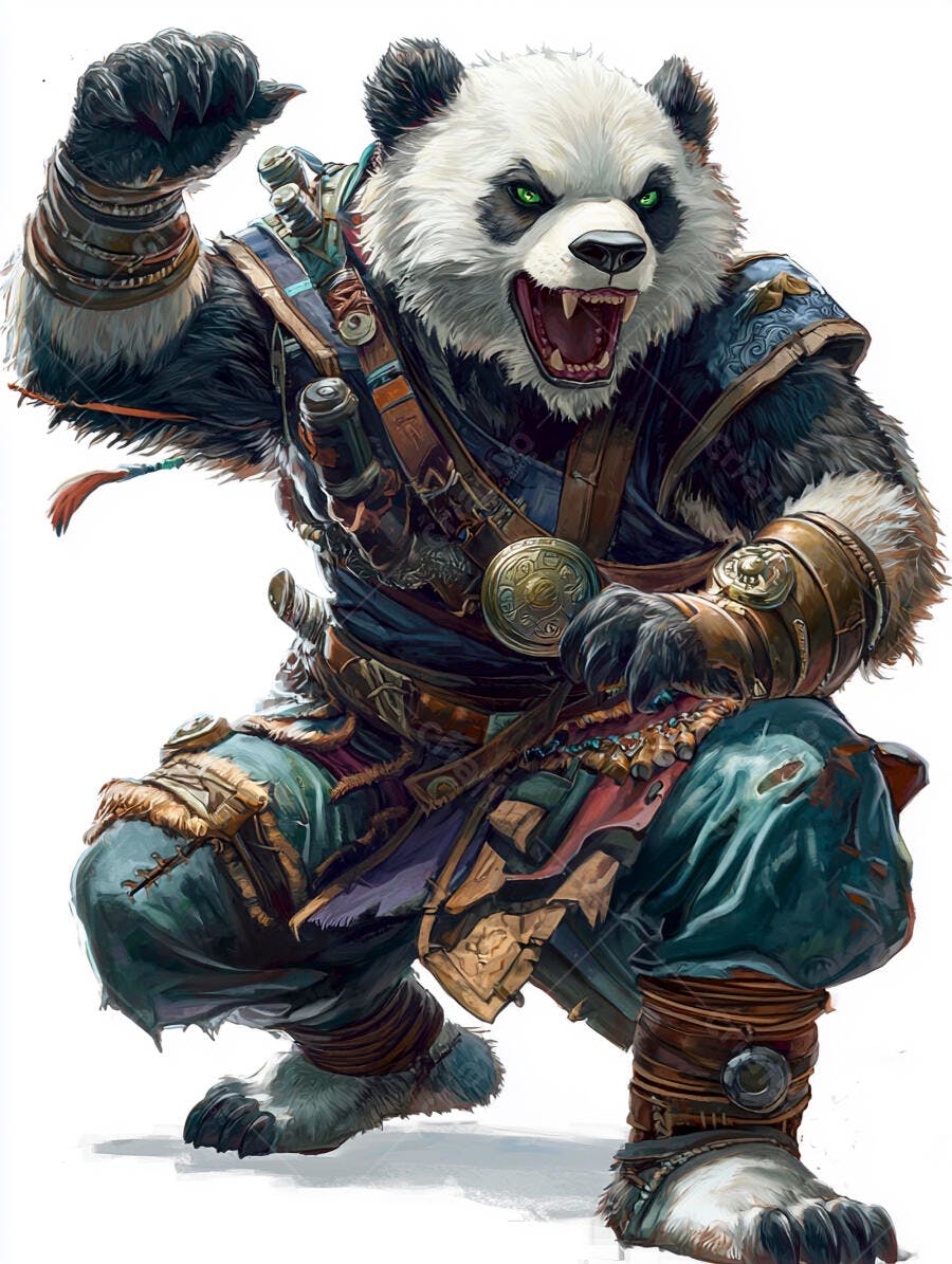 Panda guerreiro em pose de ataque com olhos verdes e armadura tribal azul e marrom