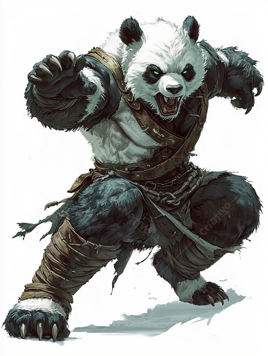 Panda guerreiro furioso em pose de combate com olhos verdes brilhantes