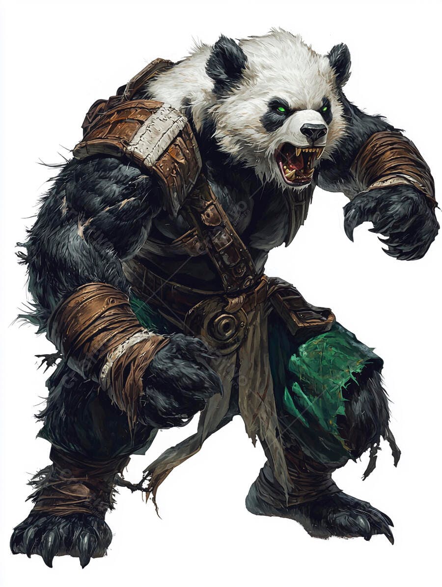Panda guerreiro antropomórfico feroz com armadura de couro e olhos verdes brilhantes