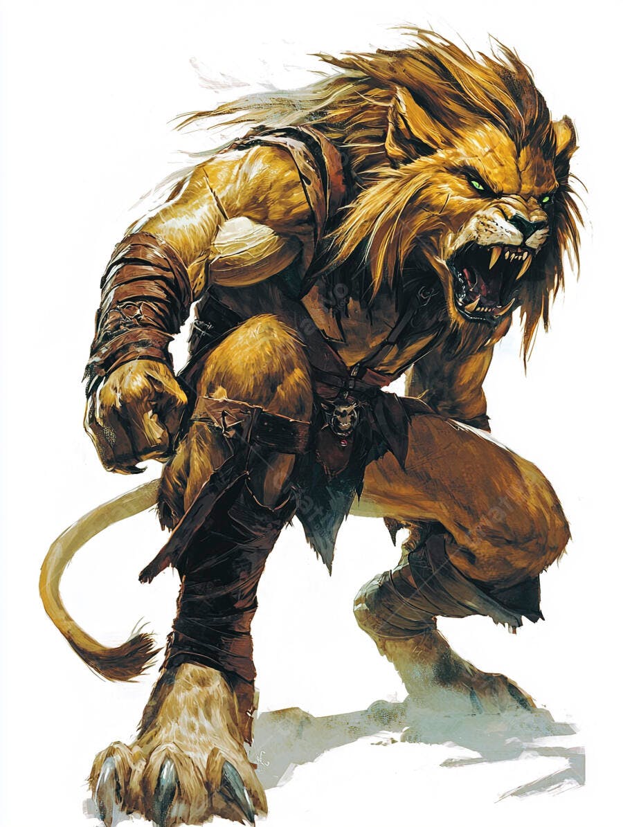 Leão-homem guerreiro feroz olhos verdes rugindo em pose de ataque