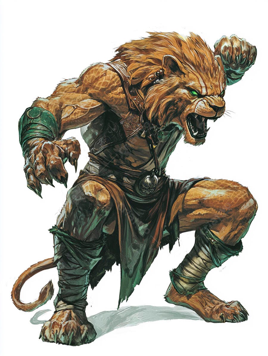Guerreiro leonino furioso de olhos verdes e armadura tribal em arte fantasia