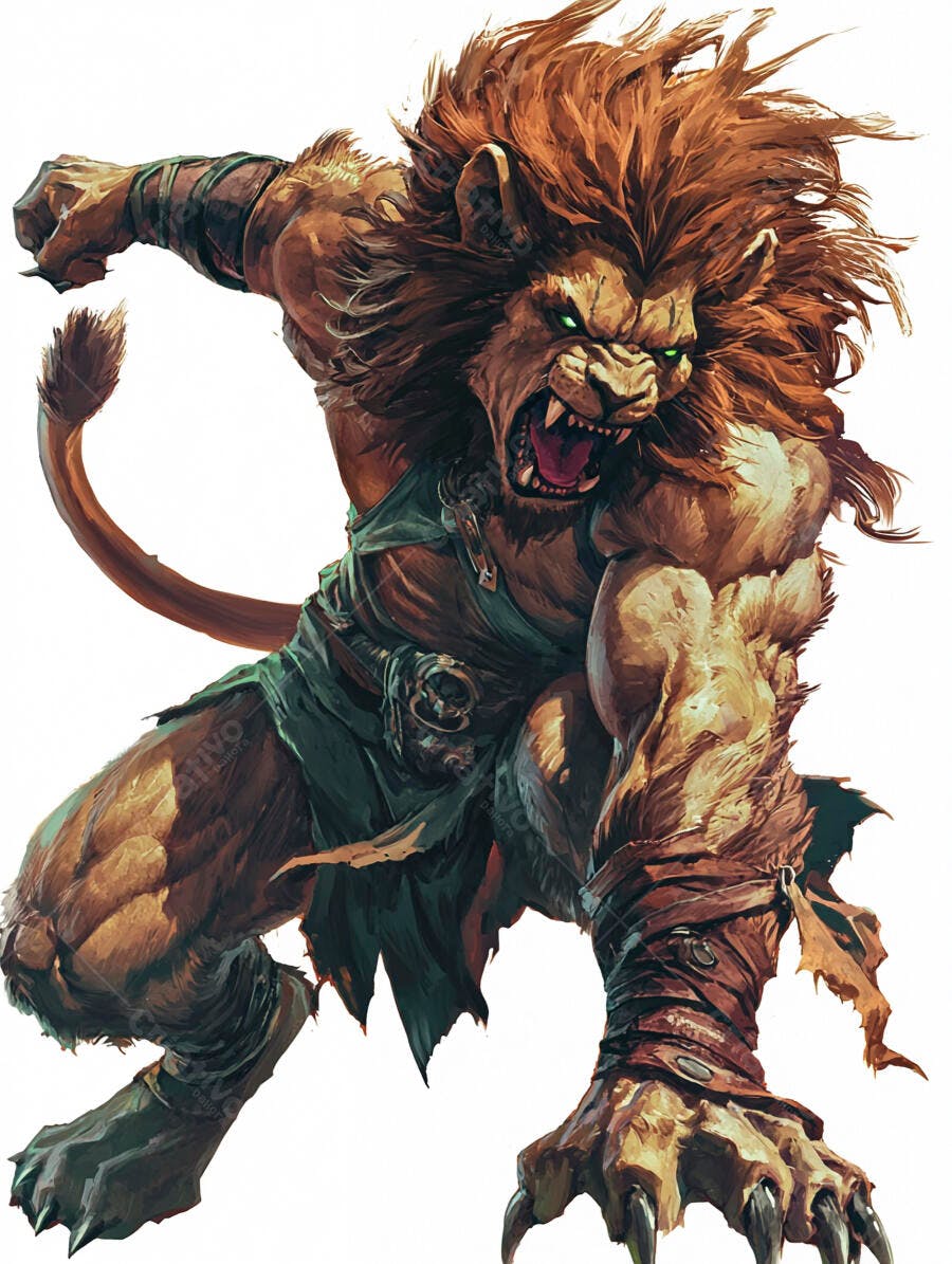 Guerreiro leonino furioso com olhos verdes brilhantes em pose de ataque