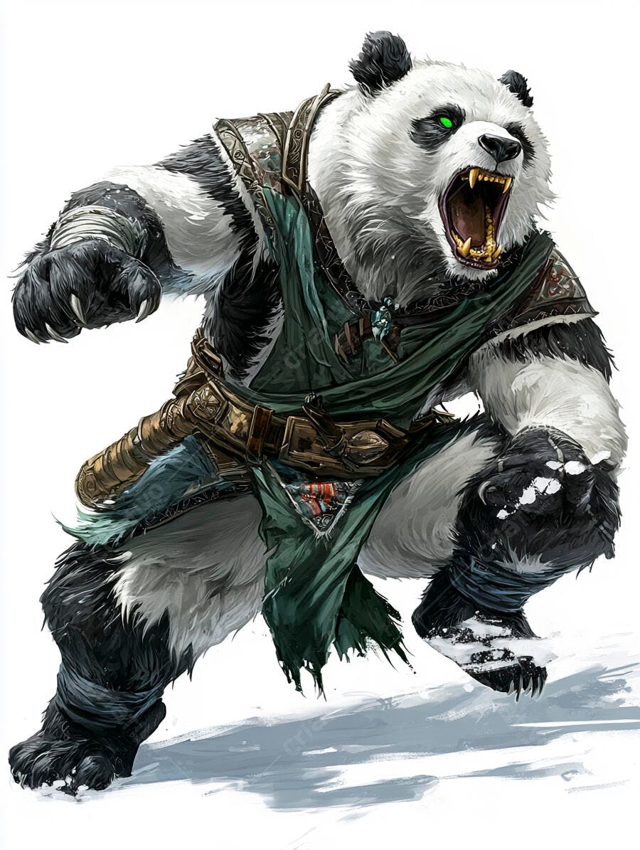 Panda guerreiro furioso com olhos verdes e armadura em combate na neve