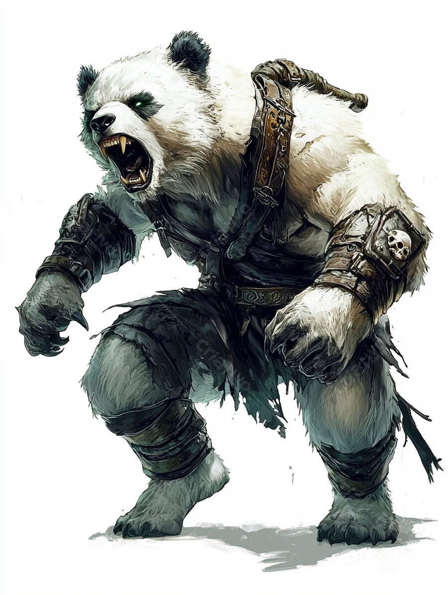 Urso panda guerreiro feroz olhos verdes brilhantes com armadura de couro