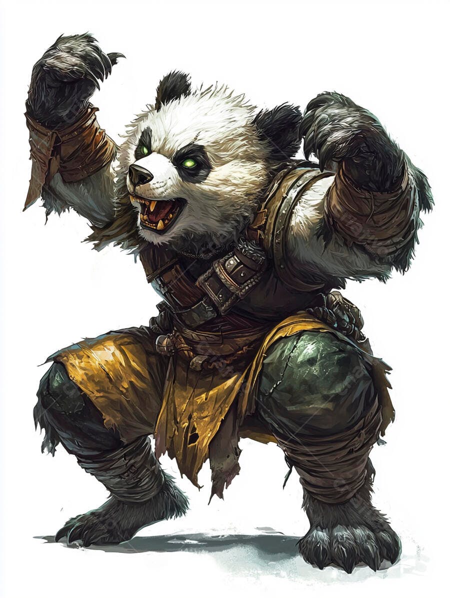 Guerreiro panda antropomórfico bravo com olhos verdes e armadura de couro rasgada