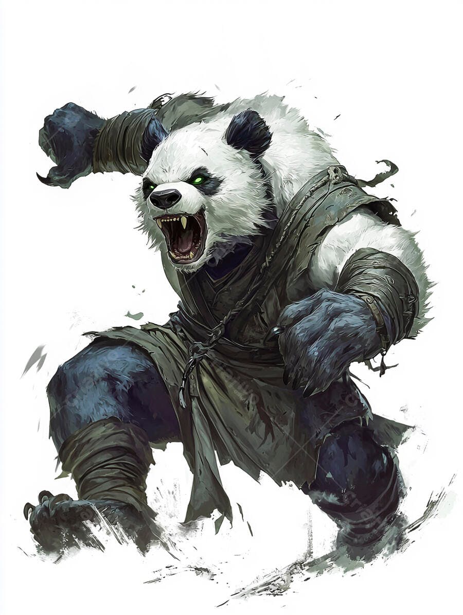 Panda guerreiro furioso com olhos verdes brilhantes e armadura desgastada
