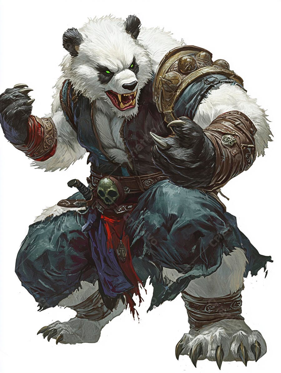 Panda guerreiro furioso de olhos verdes em pose de combate