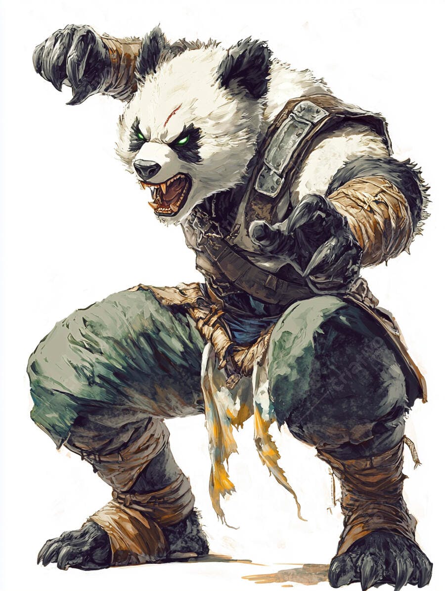 Panda guerreiro furioso com olhos verdes brilhantes em pose de combate