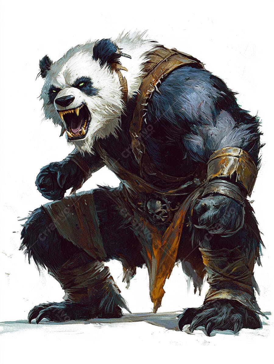 Urso panda guerreiro furioso com armadura rasgada e olhos verdes brilhantes