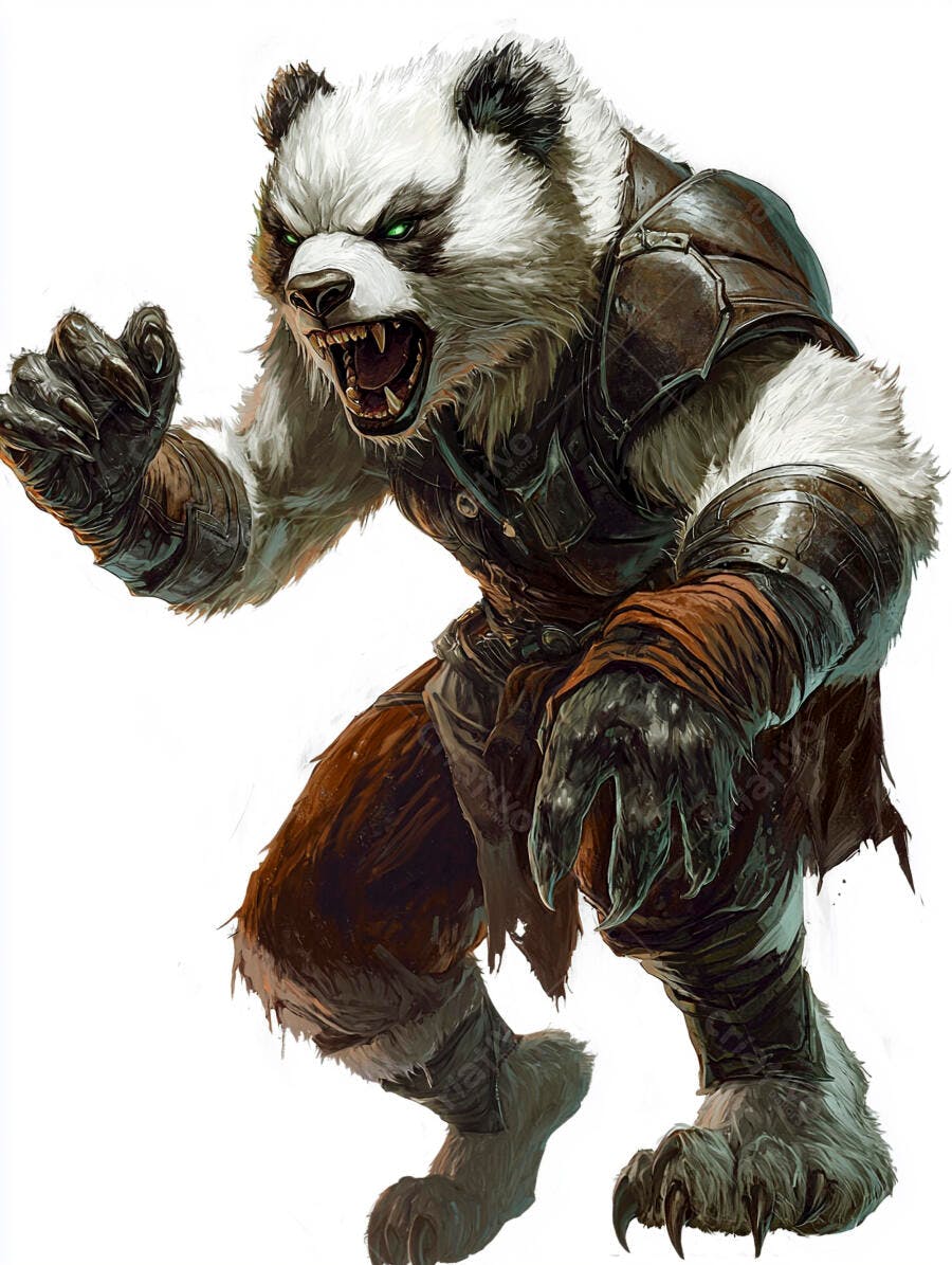 Panda guerreiro furioso com armadura escura e olhos verdes brilhantes
