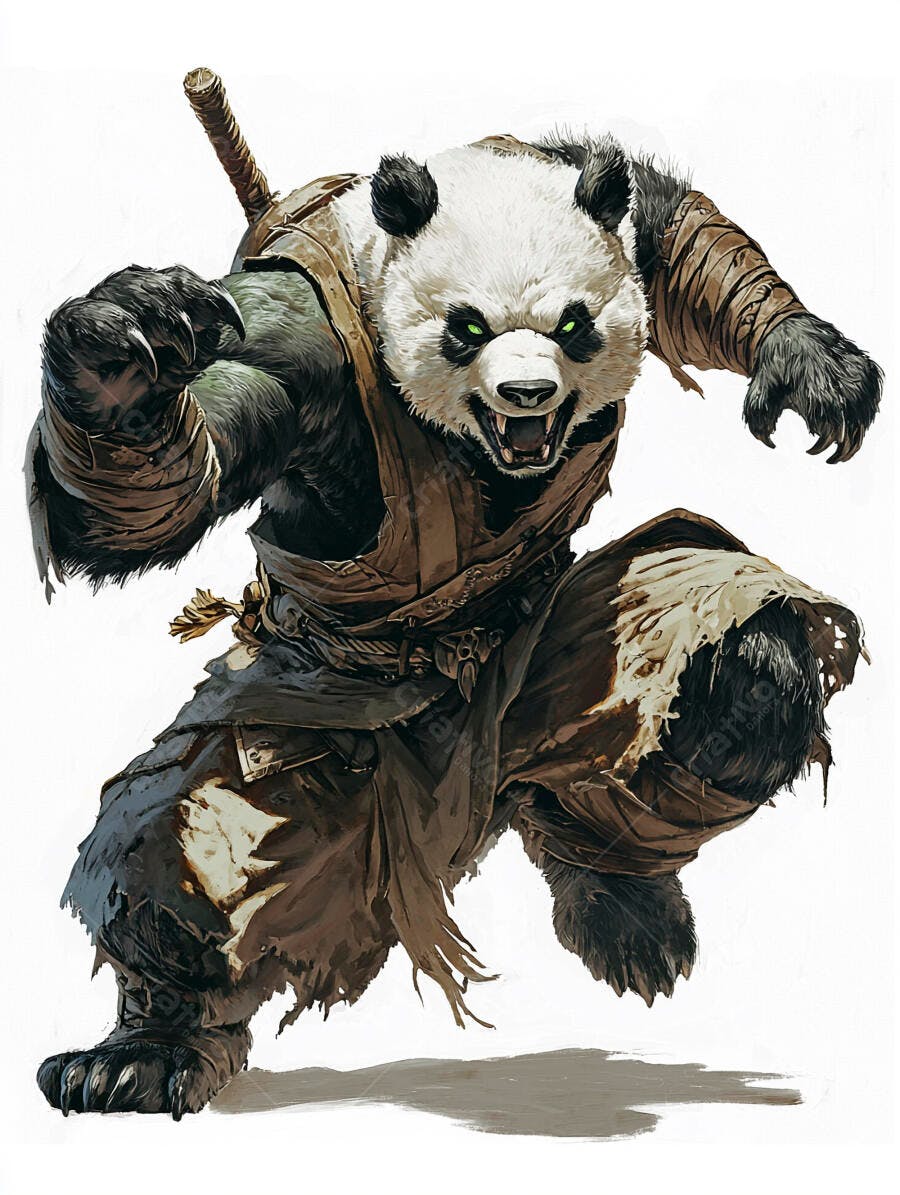 Panda guerreiro com olhos verdes brilhantes e katana em pose de ataque feroz