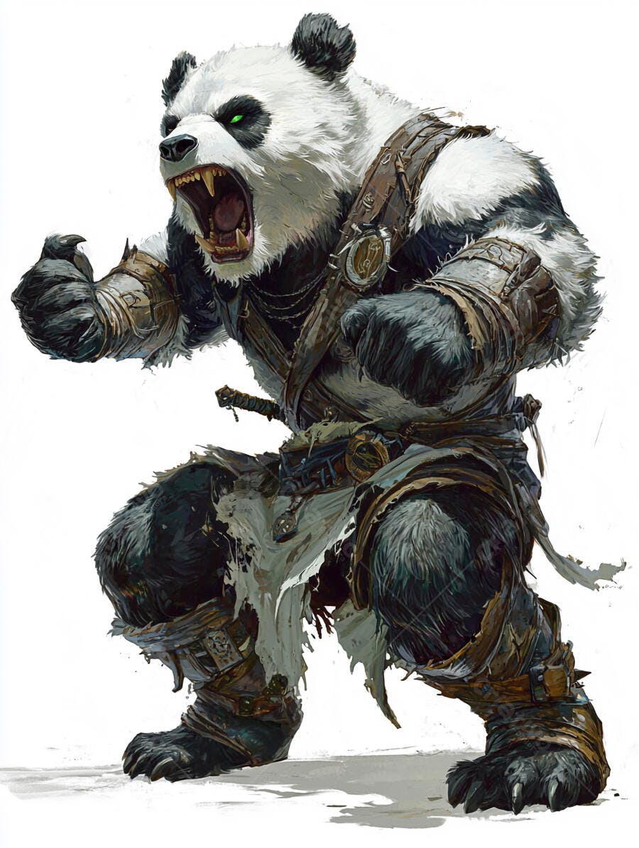 Urso panda guerreiro rugindo com armadura de couro e olhos verdes
