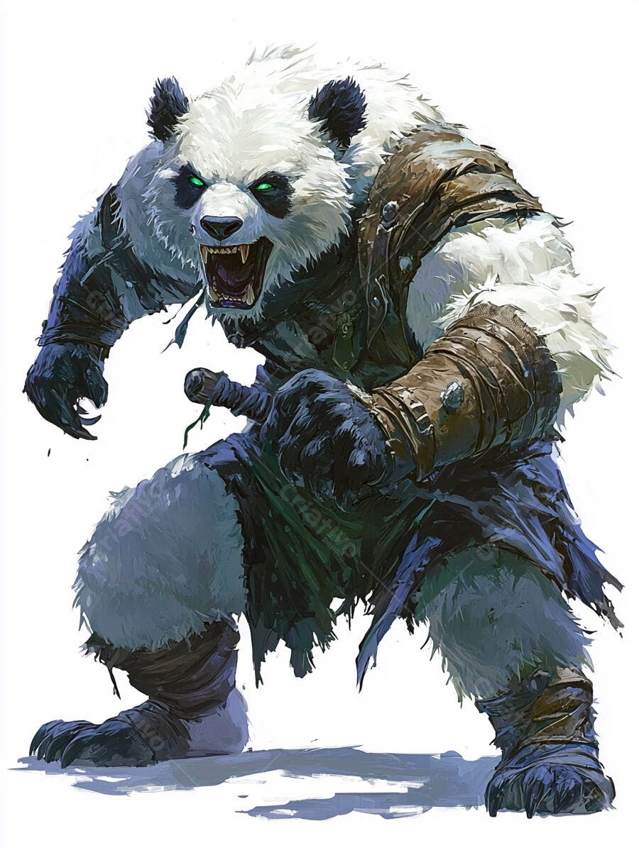 Panda guerreiro furioso com olhos verdes brilhantes e armadura rasgada