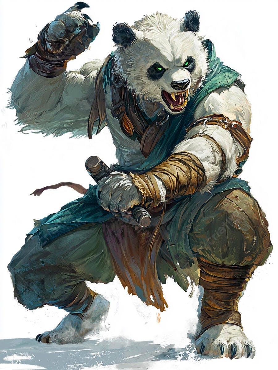 Panda guerreiro feroz olhos verdes brilhantes pronto para batalha