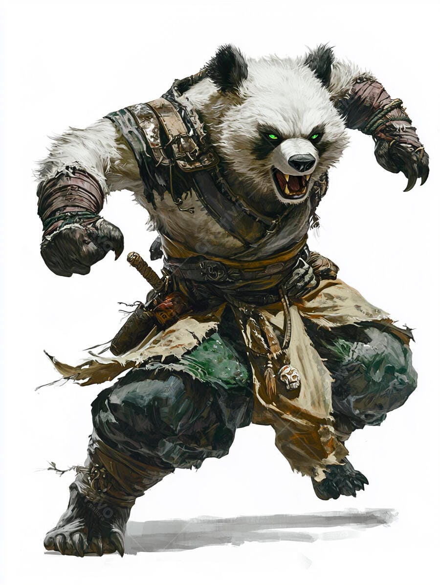 Panda guerreiro forte com olhos verdes brilhantes e armadura de couro em pose de ataque