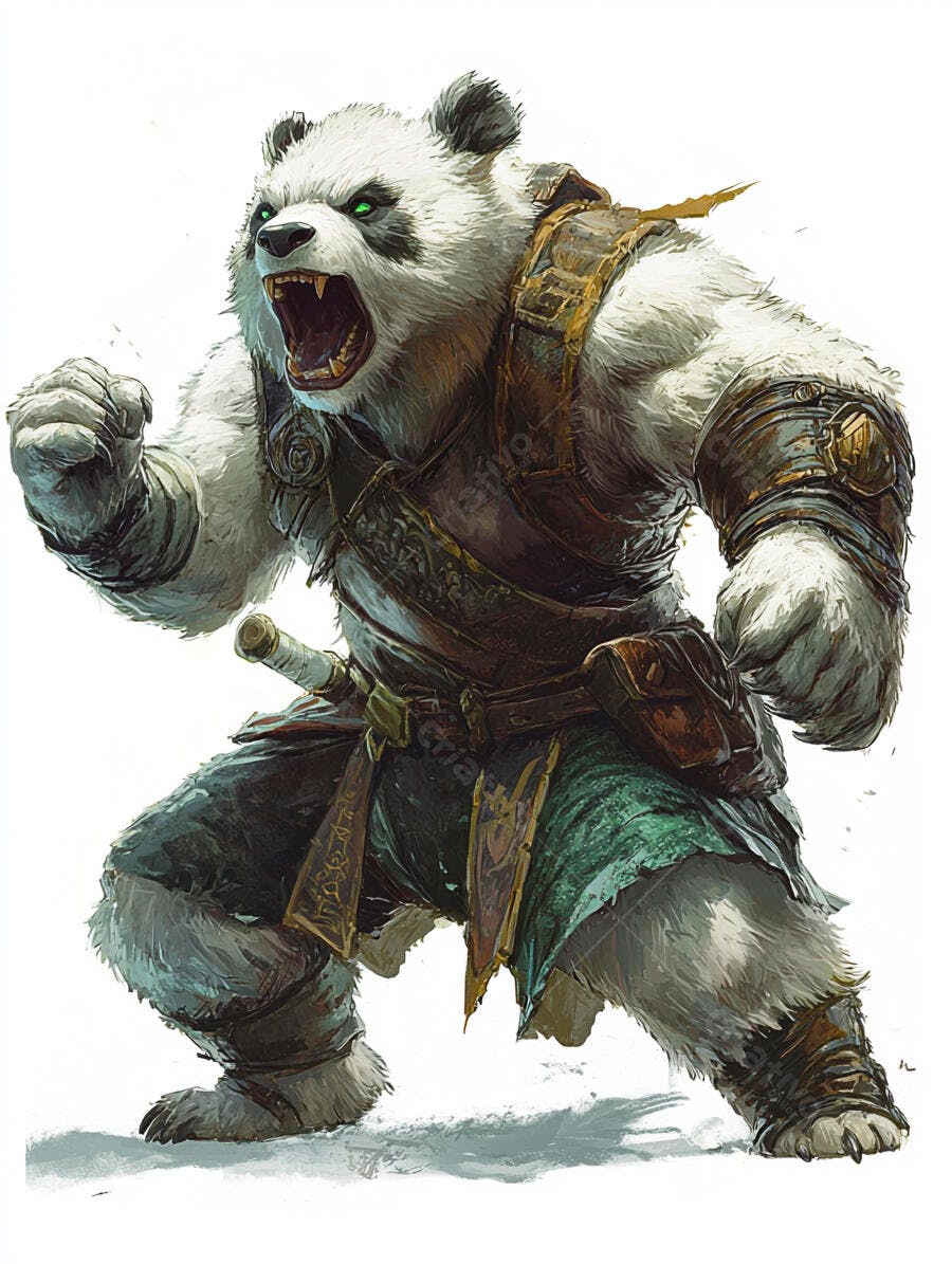 Panda guerreiro furioso em pose de combate com olhos verdes brilhantes