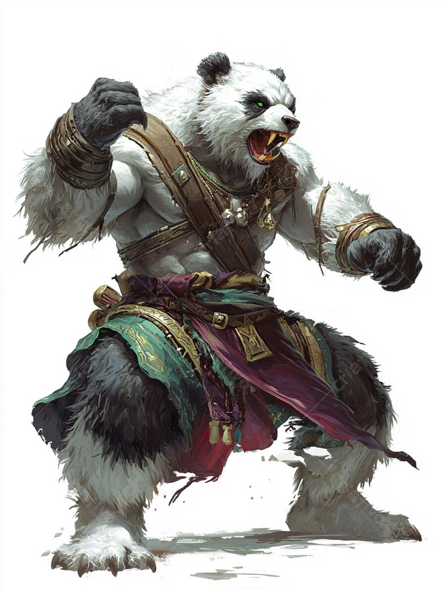 Panda guerreiro forte com olhos verdes brilhantes em pose de combate