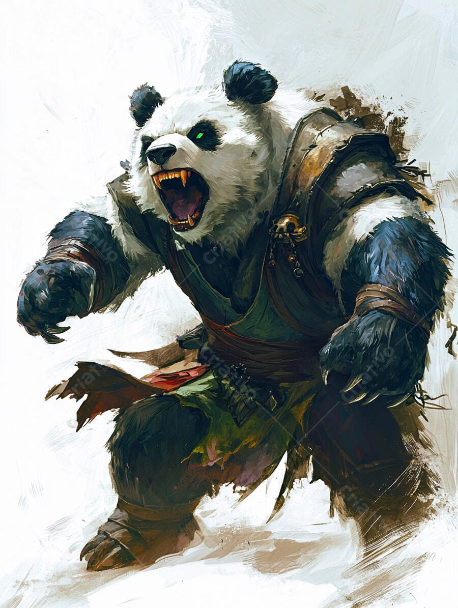 Panda guerreiro rugindo com olhos verdes e armadura escura ilustracao fantastica