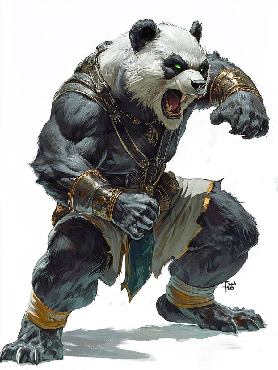 Panda guerreiro musculoso preto e branco com olhos verdes em armadura dourada