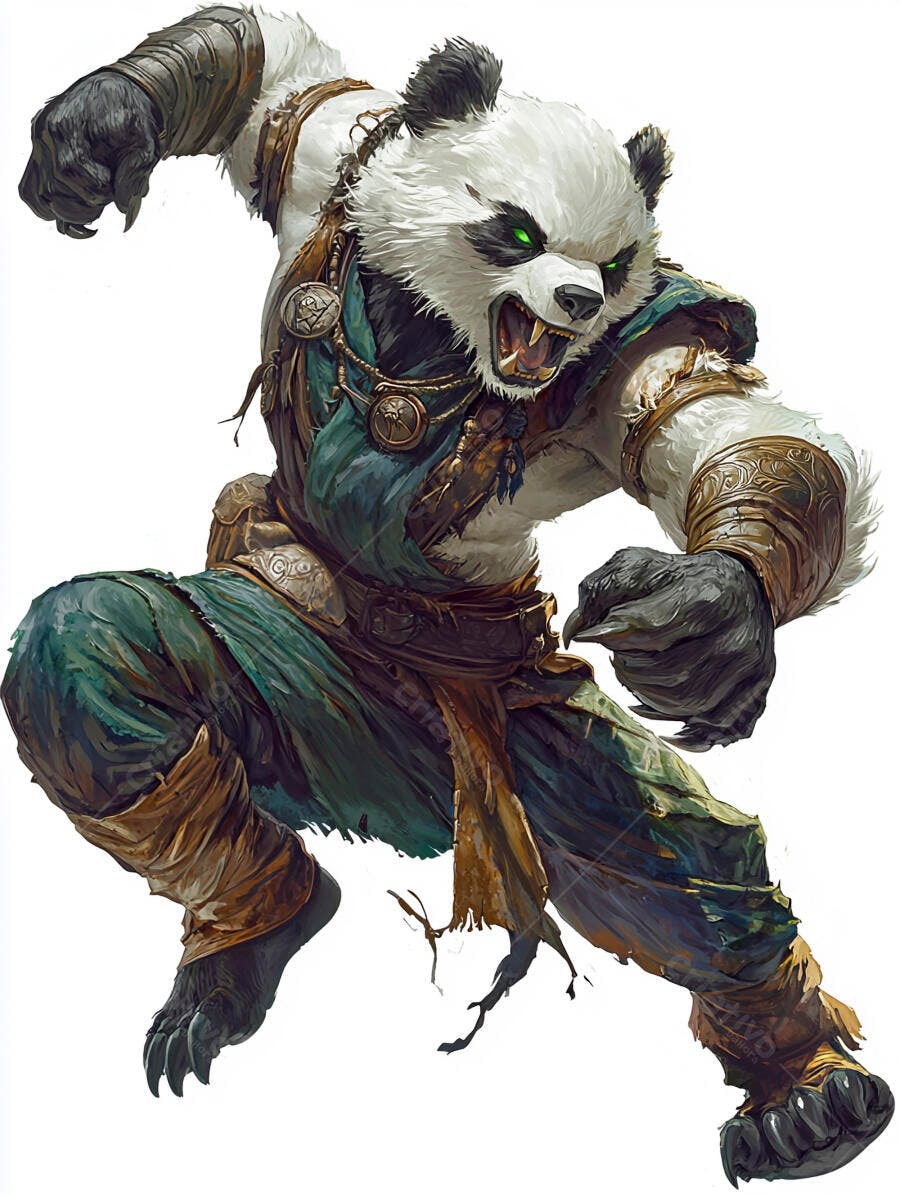 Panda guerreiro com olhos verdes brilhantes e vestes de combate agachado