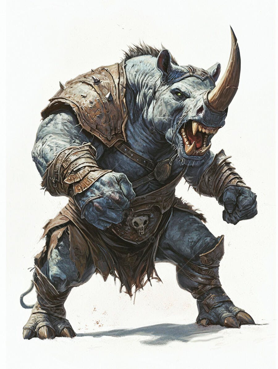 Rinoceronte monstro guerreiro com armadura de couro rugindo