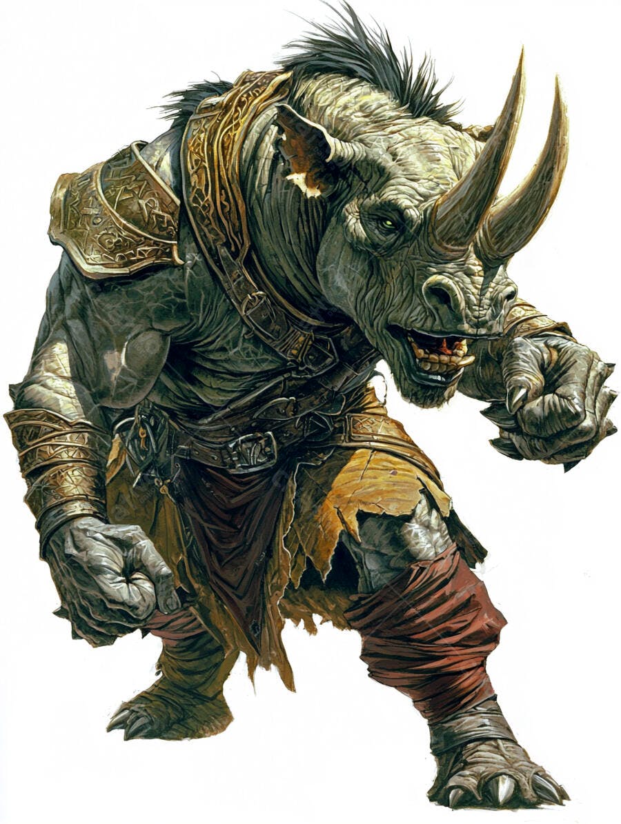 Rinoceronte guerreiro criatura fantástica com armadura dourada e pele cinza