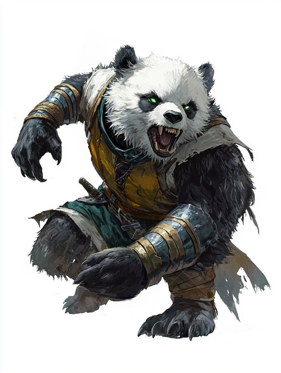 Panda guerreiro furioso com olhos verdes e armadura dourada pronto para o combate