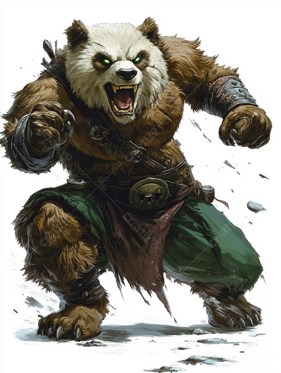 Urso panda guerreiro feroz olhos verdes brilhantes fantasia