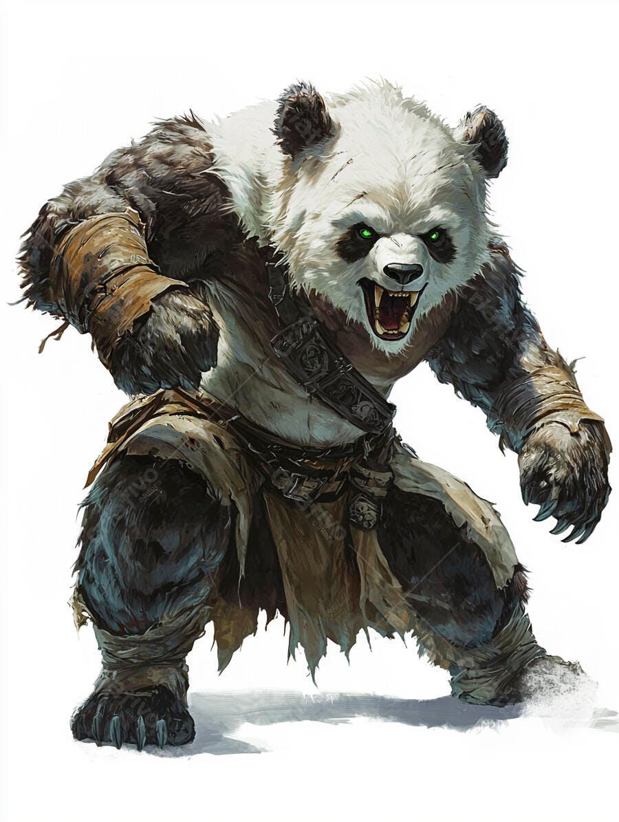 Panda guerreiro gigante com olhos verdes brilhantes rugindo em ataque