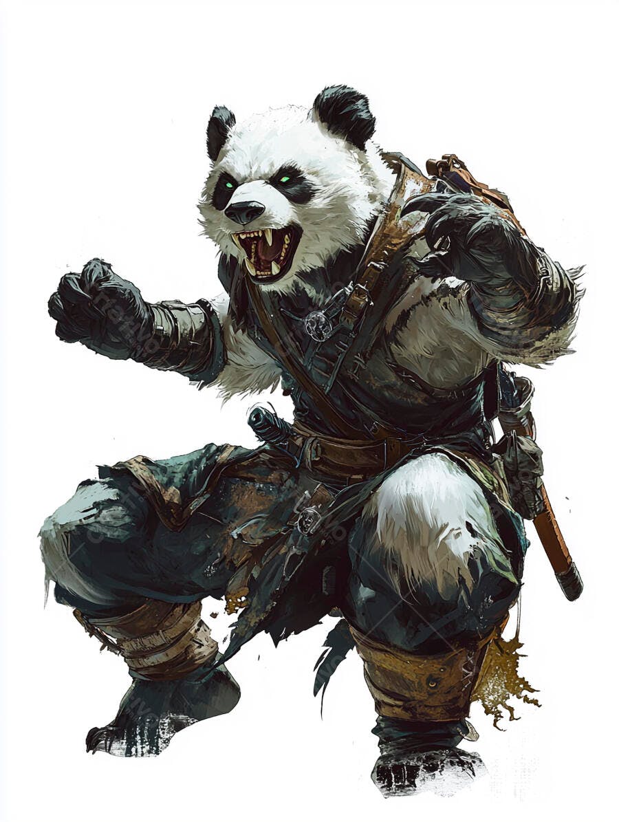 Panda guerreiro olhos verdes pelagem preta e branca roupa escura em pose de ataque
