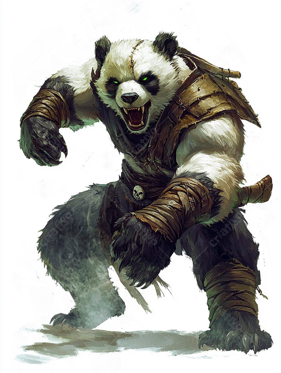 Panda guerreiro furioso com armadura de couro e olhos verdes brilhantes