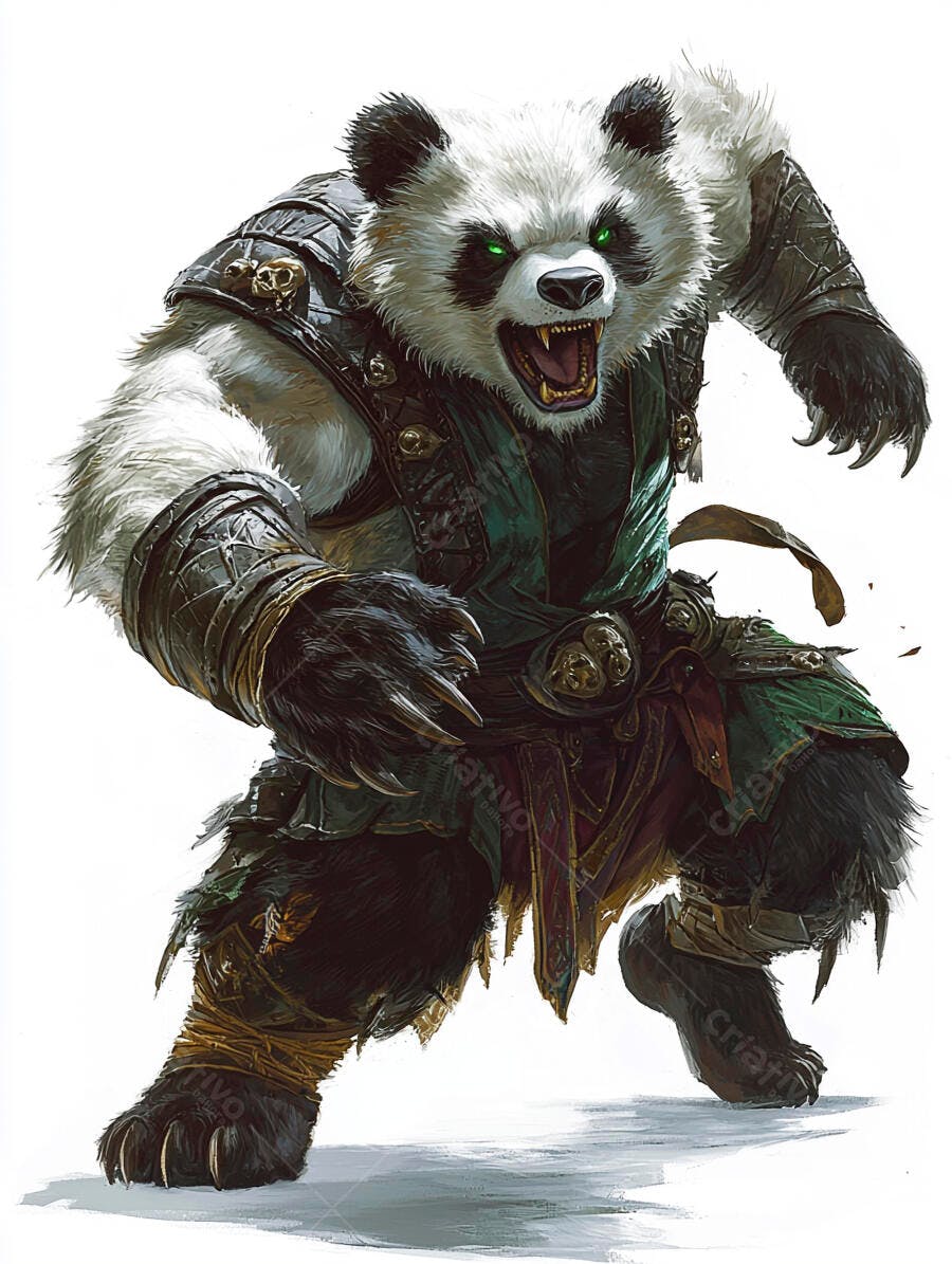 Urso panda guerreiro feroz com olhos verdes brilhantes e armadura tribal escura