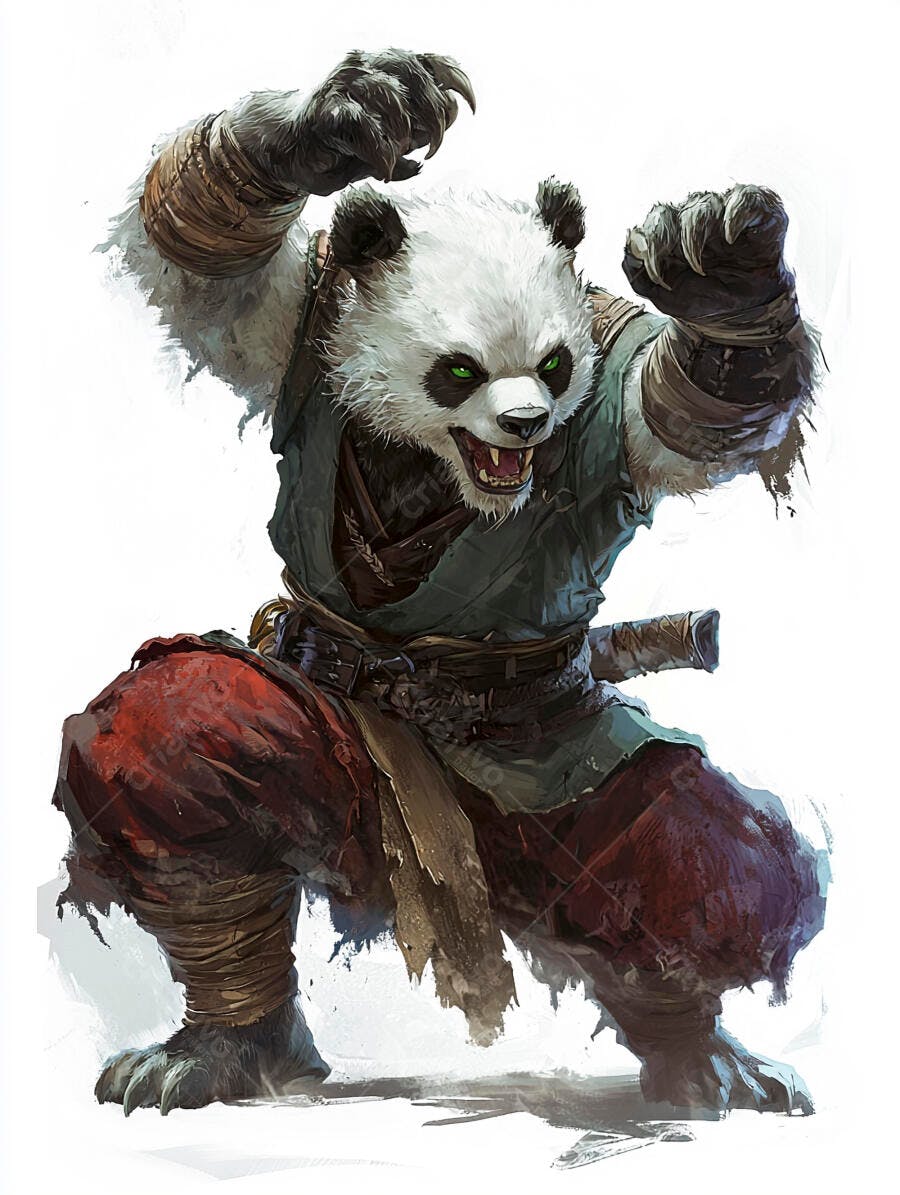 Panda guerreiro de pelagem preta e branca em pose de combate feroz com olhos verdes