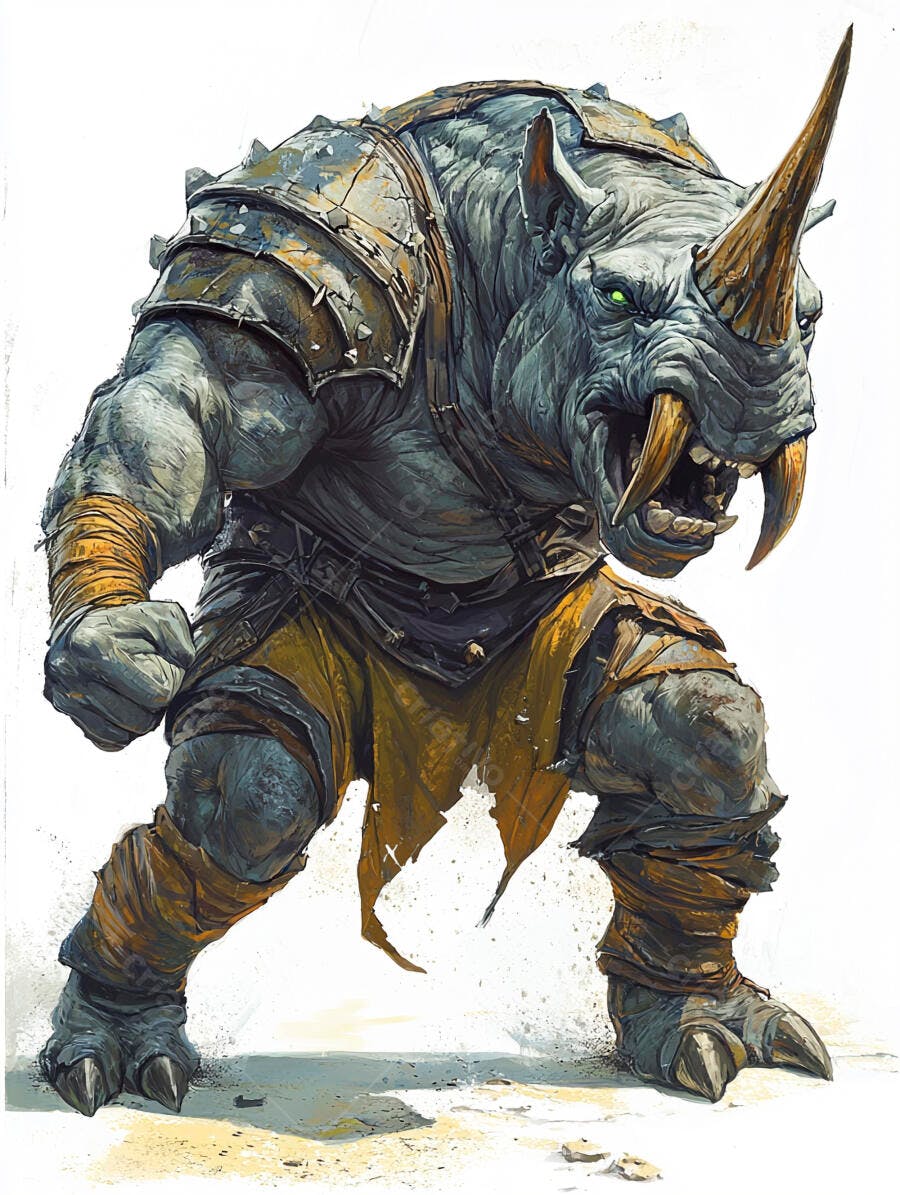 Monstro rinoceronte guerreiro cinza com armadura enferrujada e olhos verdes brilhantes