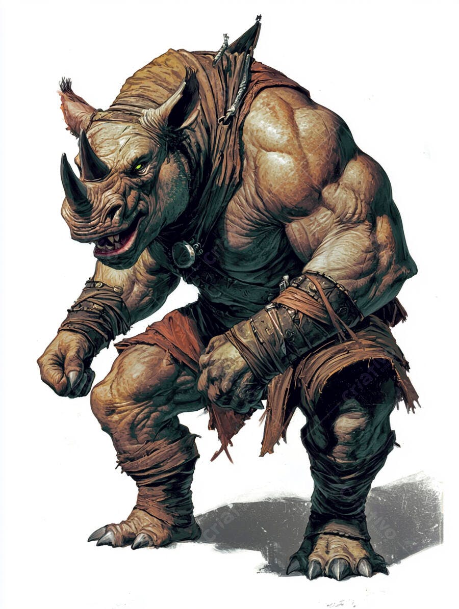Monstro rinoceronte musculoso com olhos verdes e armadura primitiva