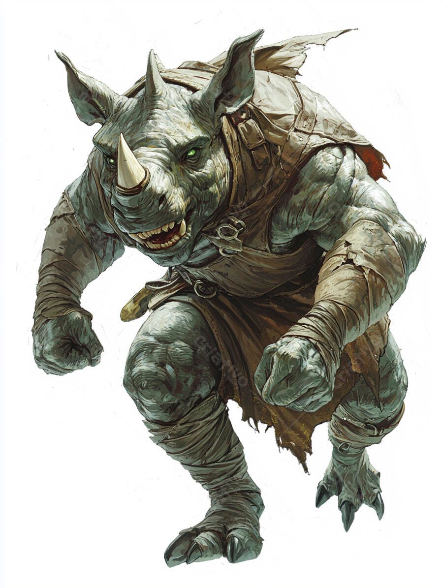 Monstro rinoceronte humanoide verde acinzentado com armadura de couro e olhos brilhantes