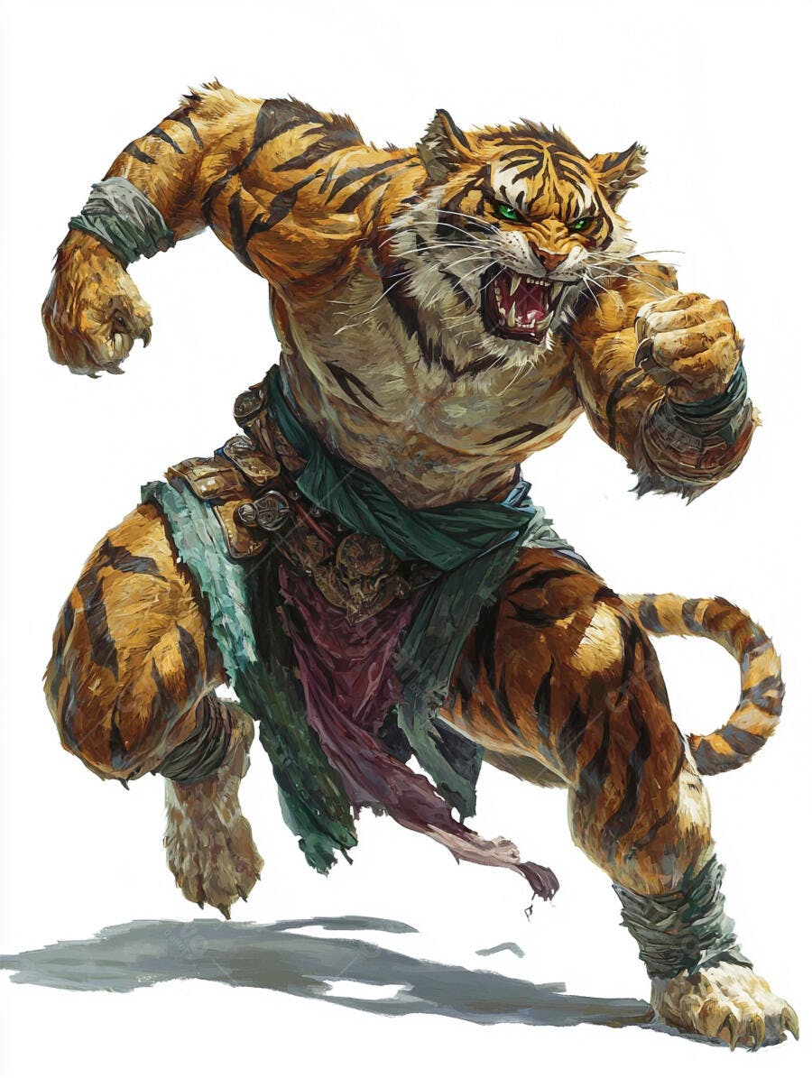 Tigre guerreiro musculoso laranja e preto rugindo com olhos verdes em pose de combate