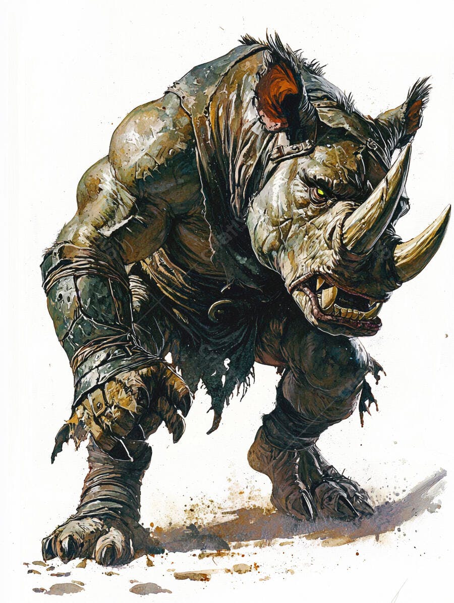 Monstro rinoceronte guerreiro musculoso com armadura rasgada olhos verdes