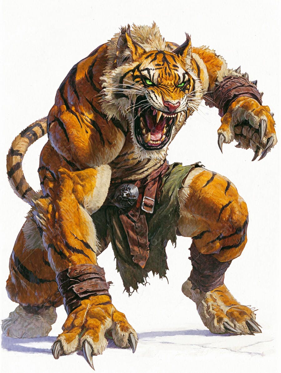 Tigre humanoide rugindo com olhos verdes e armadura tribal em fundo branco